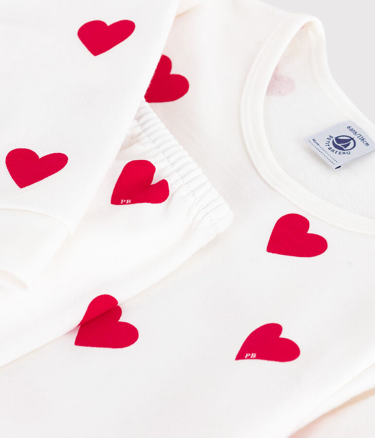 Pigiama bambina in tessuto felpato con stampa a cuori bianco/rosso