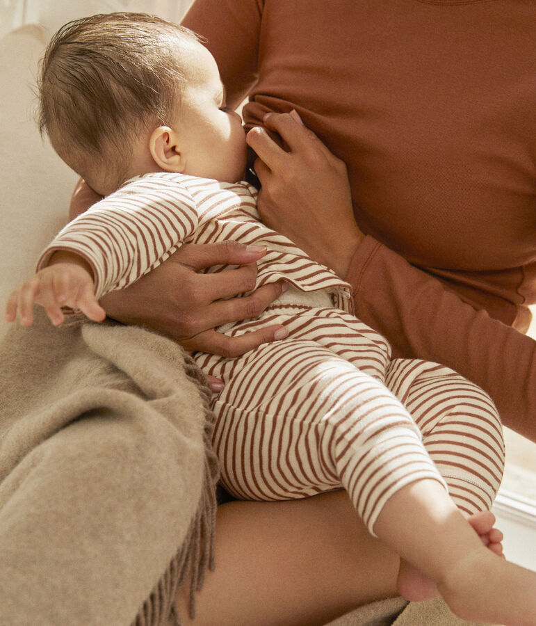 Completo 2 pezzi a righe beb&egrave; in tubique di cotone ecru/marrone/ecru