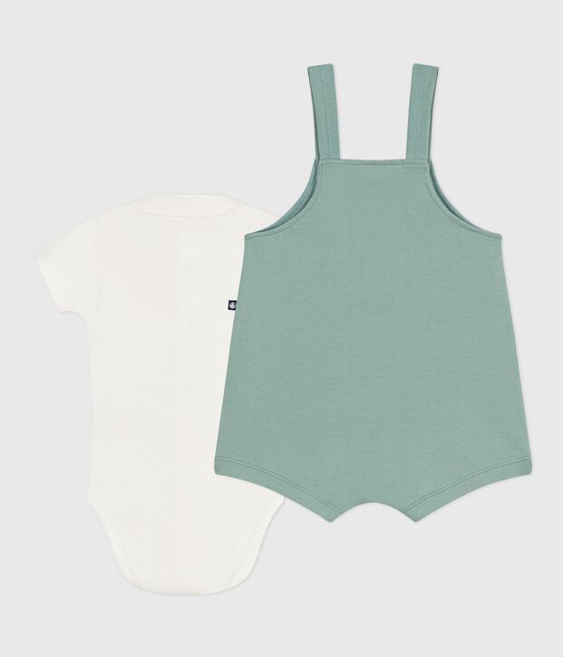 Completo nascita composto da salopette e body ricamato in cotone tinta unita verde
