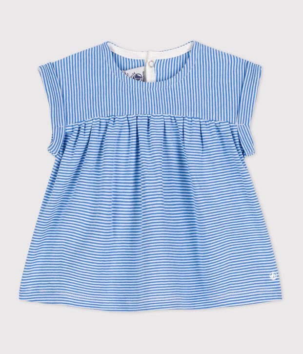 Blusa a manica corta beb&egrave; in cotone biologico blu/bianco