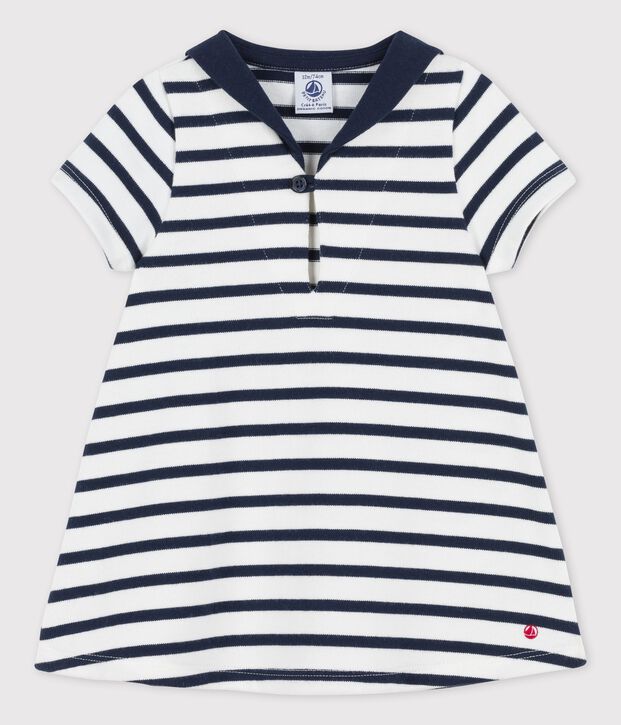 Abito con colletto alla marinara in jersey spesso biologico beb&egrave; bianco/blu