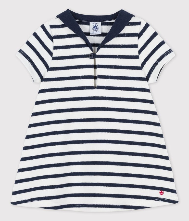 Abito con colletto alla marinara in jersey spesso biologico beb&egrave; bianco/blu