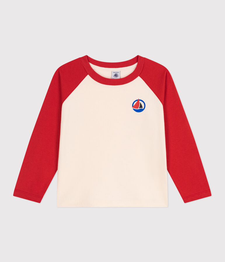 T-shirt a maniche lunghe in cotone color block bambino ecru/rosso
