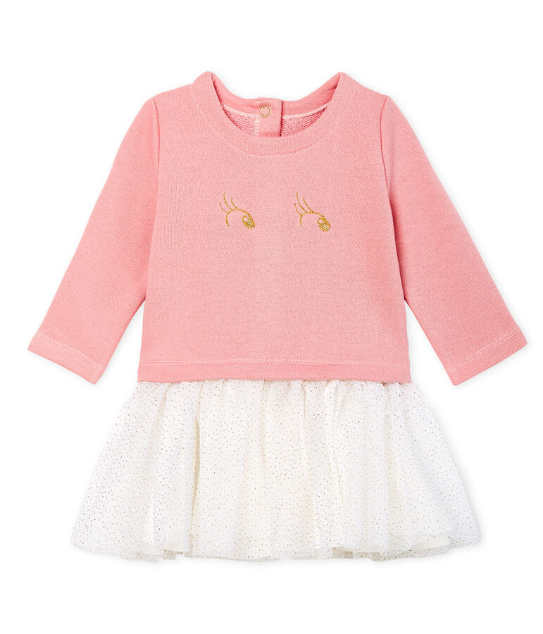 Abito bi-materiale a maniche lunghe da beb&egrave; femmina rosa CHARME/bianco MULTICO CN