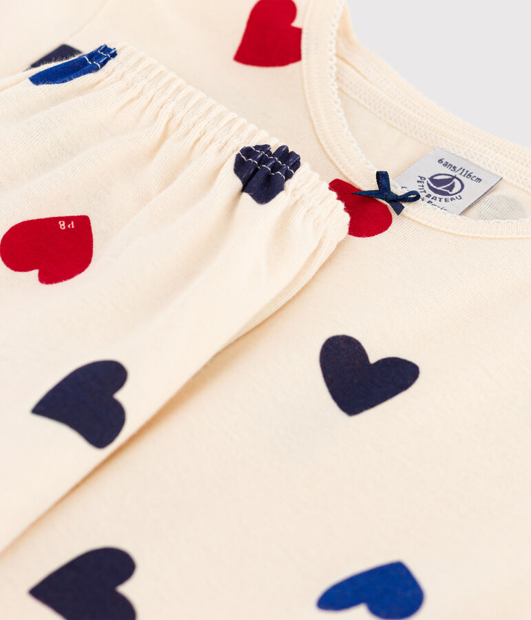 Pigiama corto bambina in cotone motivo cuore ecru/multicolore