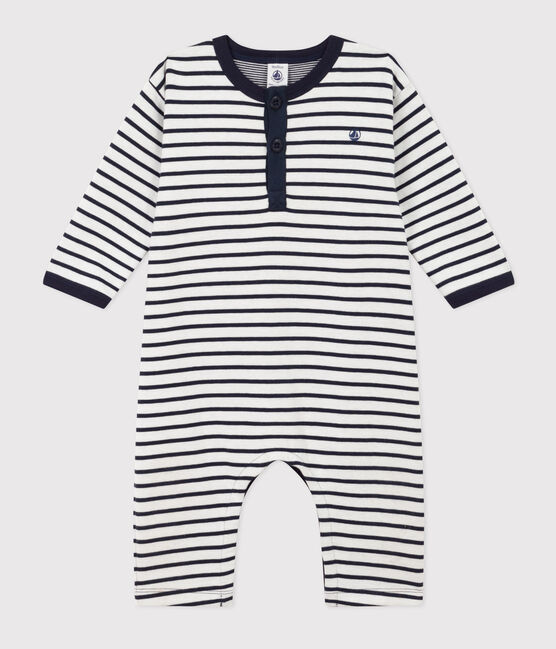 Tutina lunga in jersey spesso a righe stile marinière per bebè bianco MARSHMALLOW/blu SMOKING