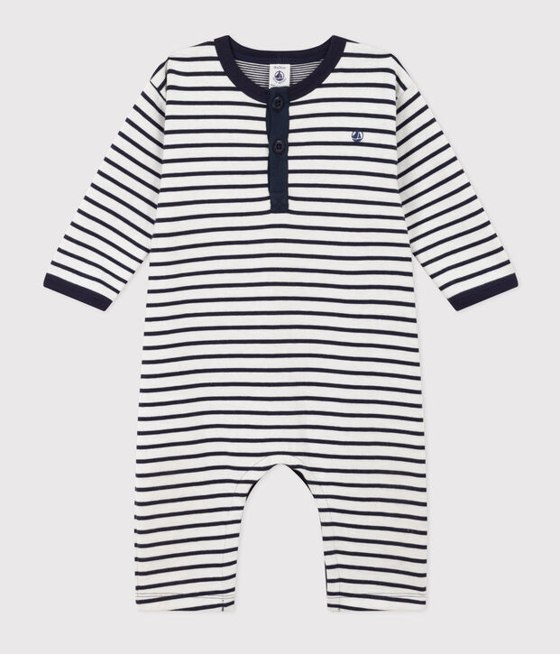 Tutina lunga in jersey spesso a righe stile marini&egrave;re per beb&egrave; bianco/blu