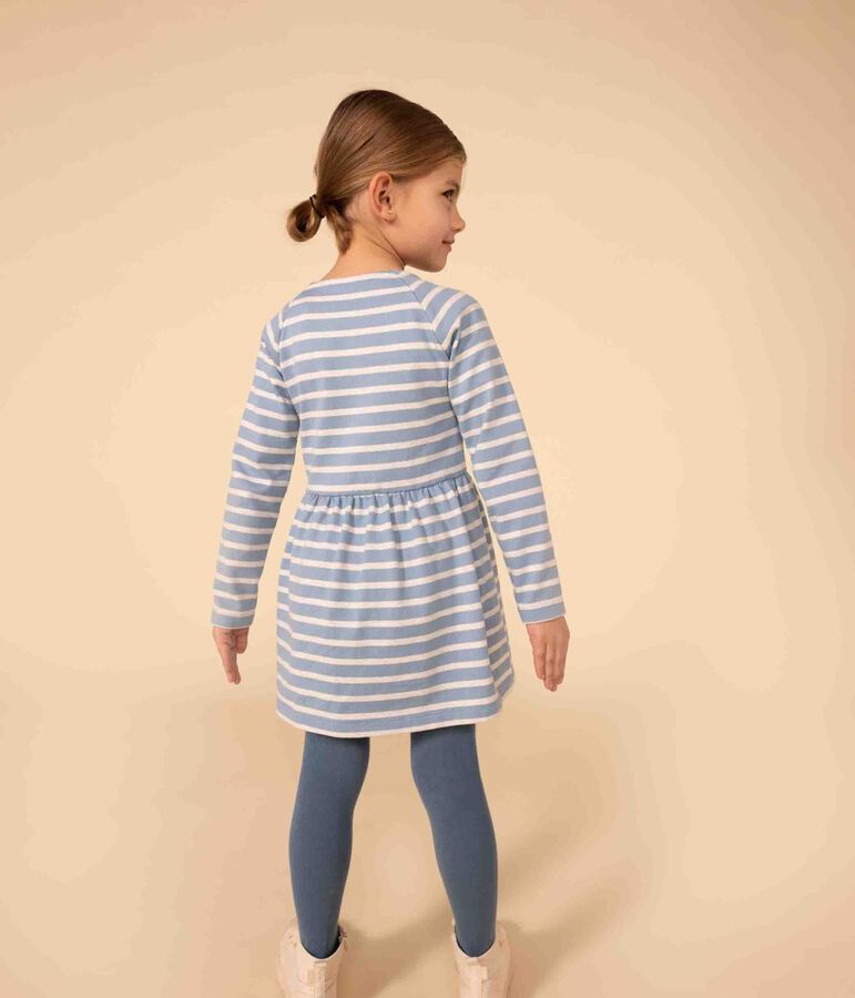 Abito a maniche lunghe in cotone spesso a righe bambina blu/beige