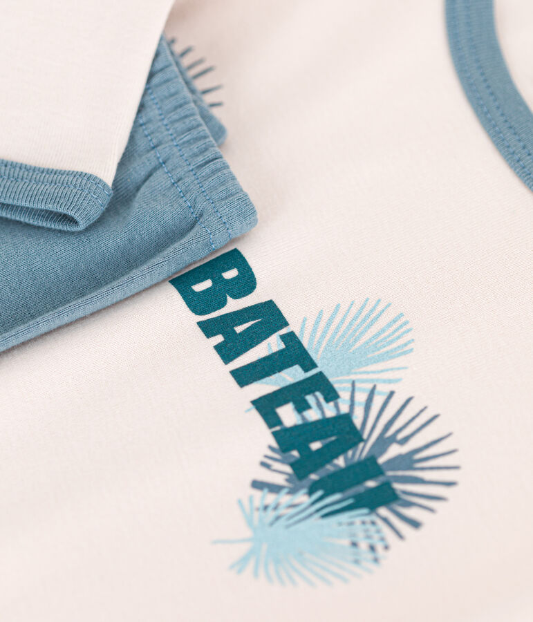 Pigiama bambina a maniche lunghe in cotone beige/blu