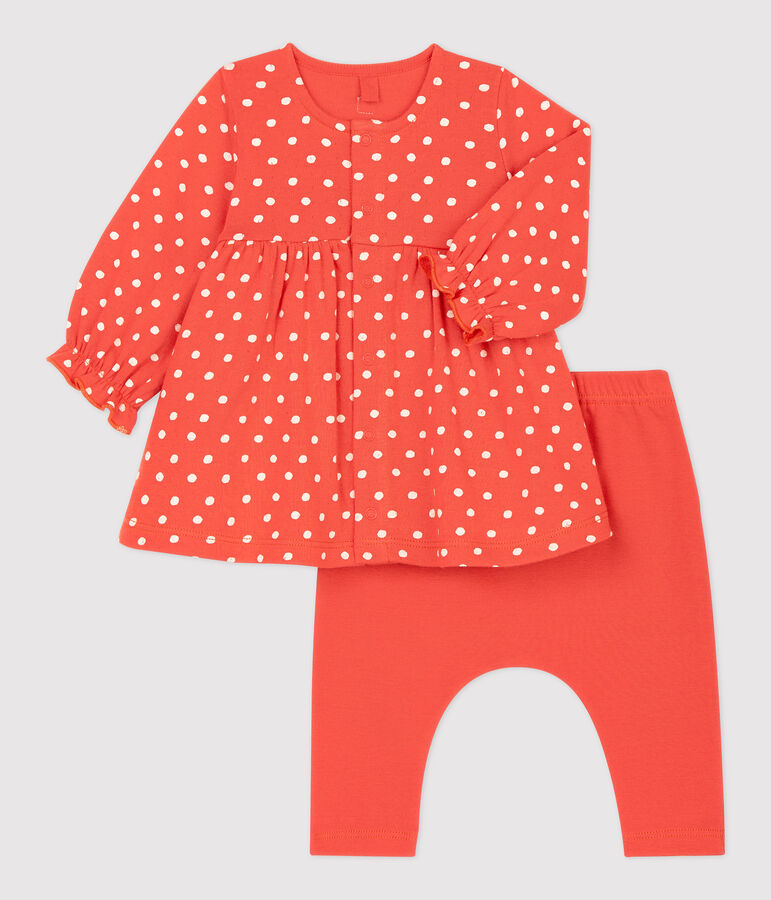 Abito leggings a pois beb&egrave; femmina in cotone biologico arancione/bianco