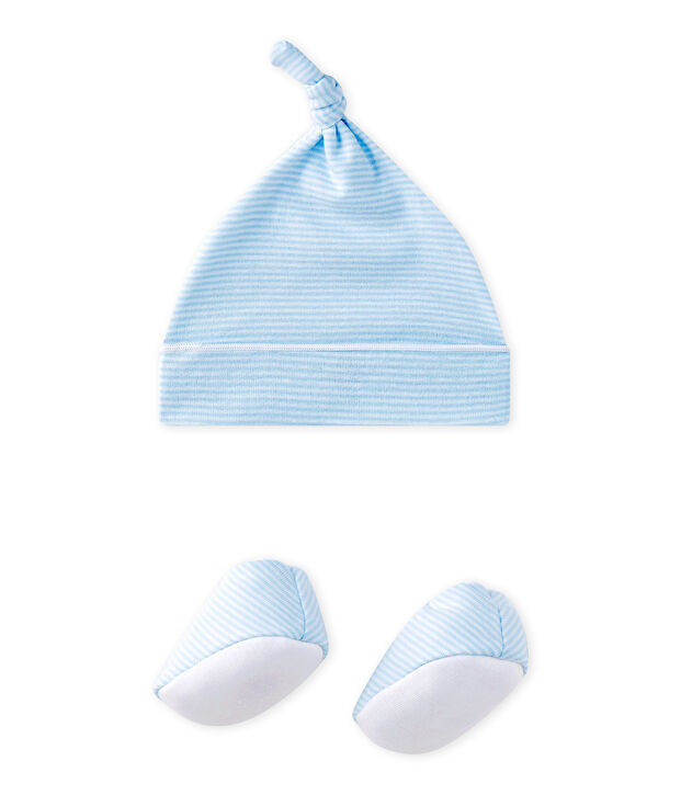 Coordinato cappellino nascita + scarpine beb&eacute; blu/bianco