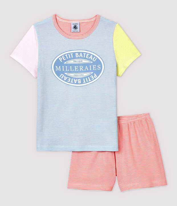 Pigiama corto millerighe colorate bambina in cotone blu/multicolore