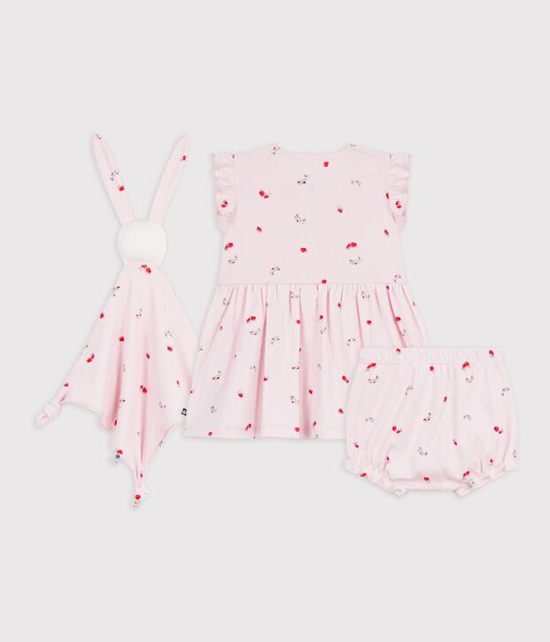 Set regalo con abito e doudou in cotone con stampa a fiori neonata rosa/multicolore