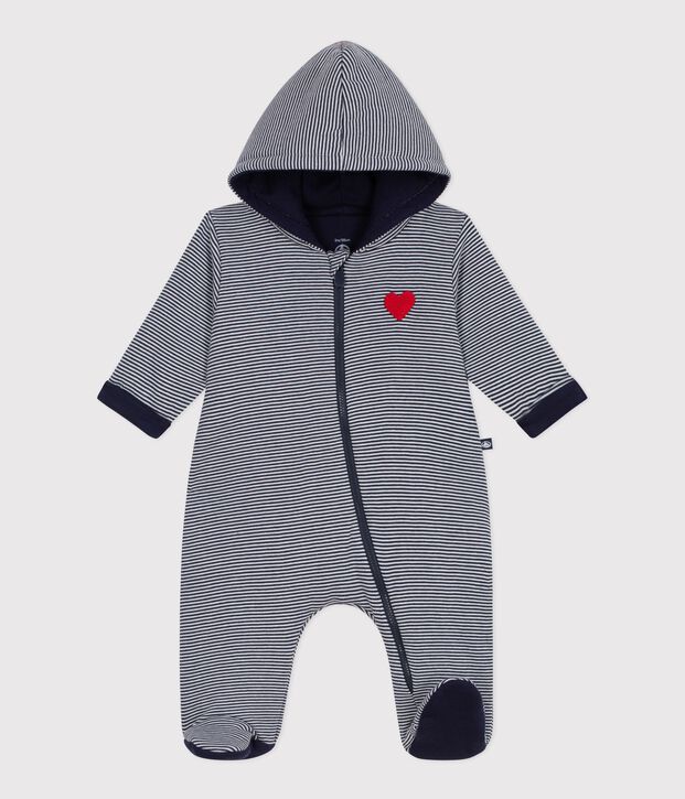 Tutina imbottita con cappuccio e piedini a righe neonato blu/bianco