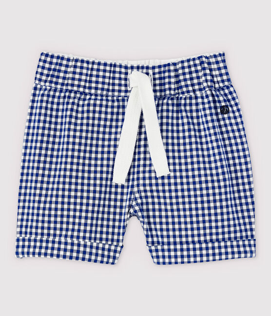 Pantaloncini a quadretti vichy in ordito e trama bebè maschio blu SURF/bianco MARSHMALLOW