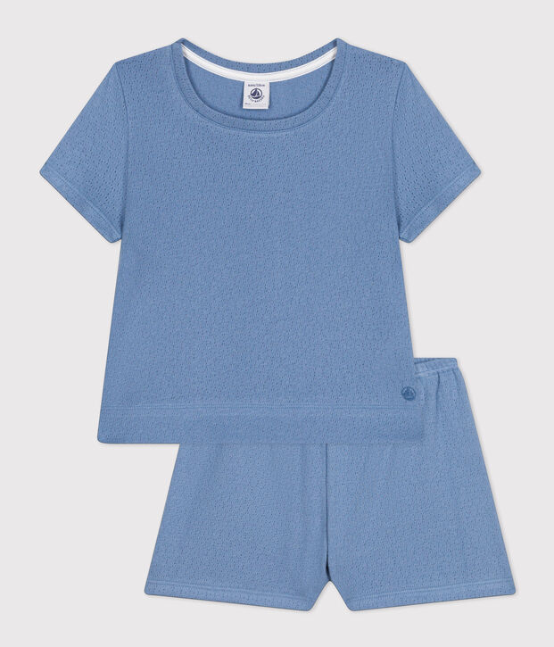 Pigiama corto bambina in cotone traforato tinta unita blu