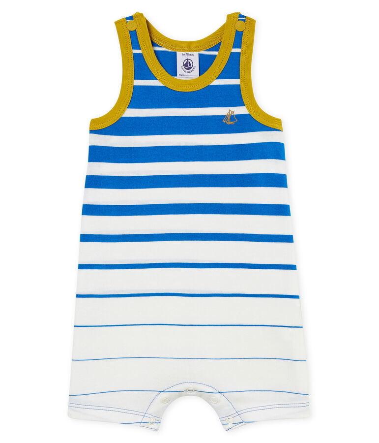 Tutina corta neonato in jersey leggero a righe piazzate blu/bianco