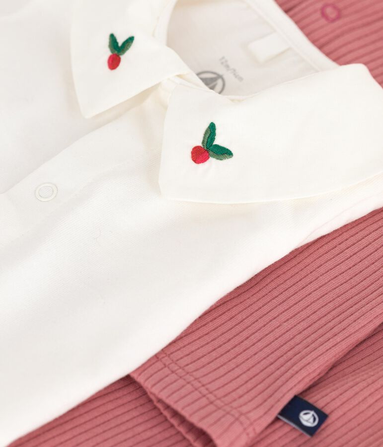 Completo nascita tre pezzi in cotone e T-shirt con scollo ricamato. rosa/multicolore