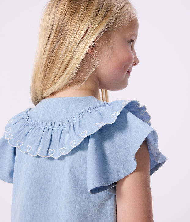 Blusa a maniche corte in cotone tinta unita bambina blu