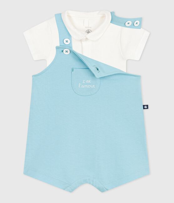 Completo nascita composto da salopette e body in cotone blu AQUATIC