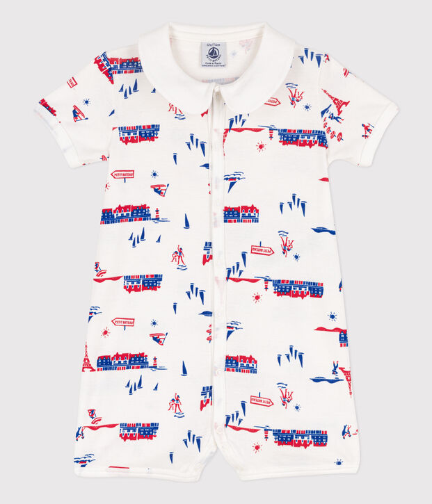 Tutina corta fantasia Parigi beb&egrave; in cotone bianco/multicolore