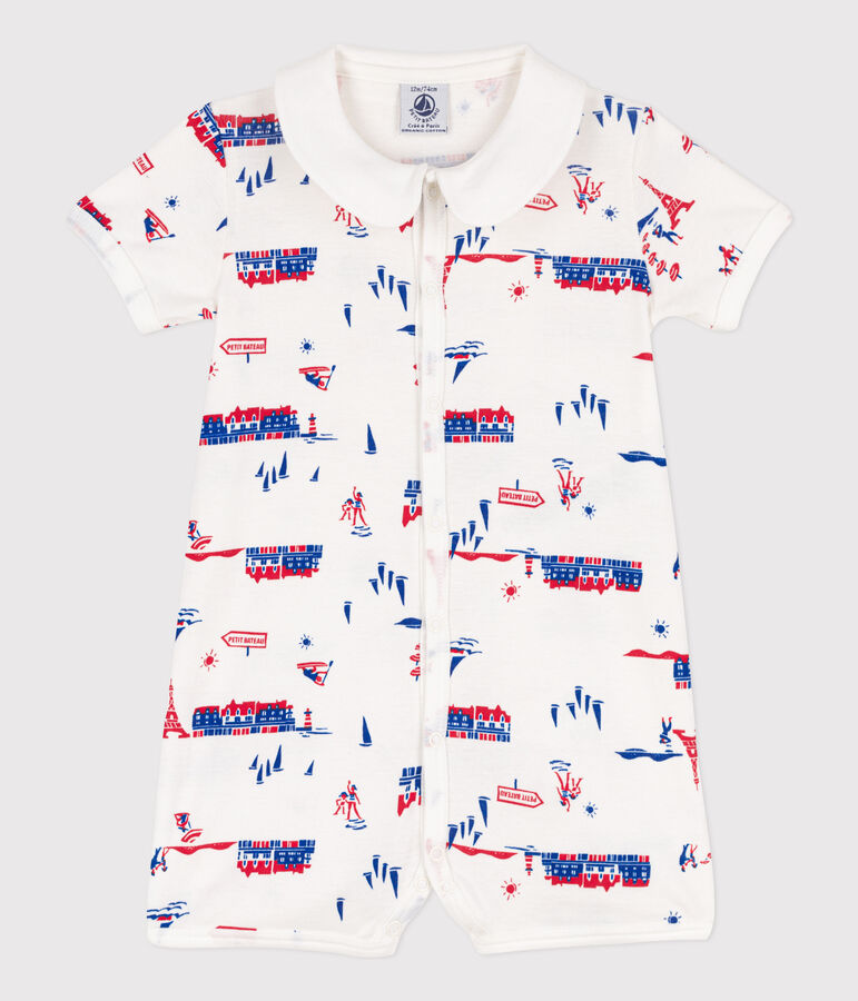 Tutina corta fantasia Parigi beb&egrave; in cotone bianco/multicolore