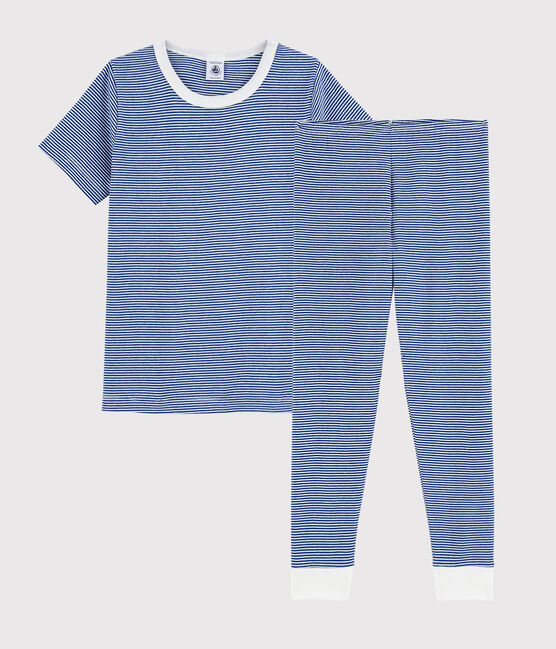 Pigiama millerighe blu bambino in cotone blu SURF/bianco MARSHMALLOW