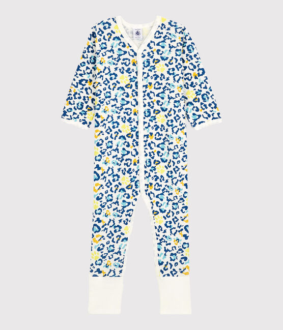 Tutina pigiama con piedi staccabili bebè fosforescente fantasia pantera in cotone bianco MARSHMALLOW/bianco MULTICO