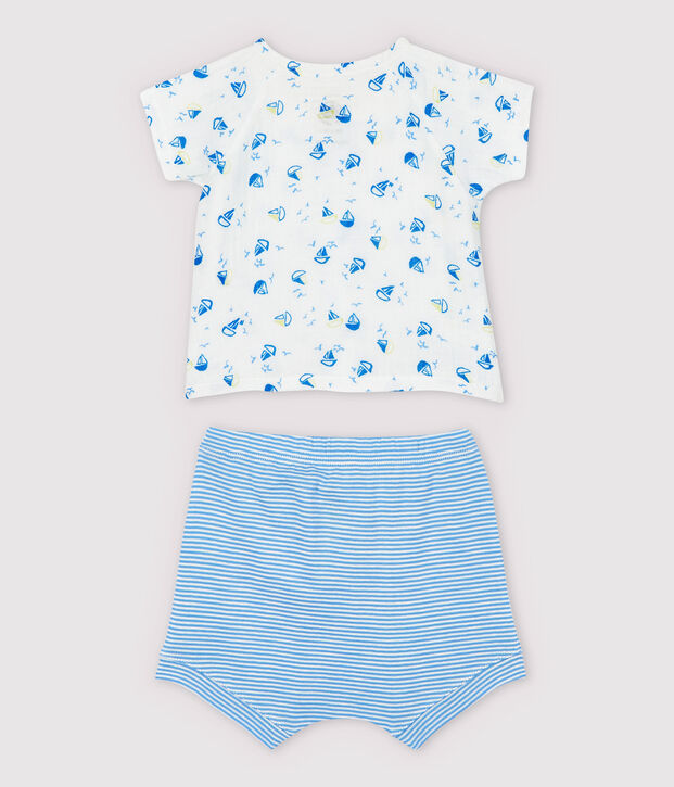 Completo 2 pezzi blu beb&egrave; maschio in tessuto goffrato e cotone biologico bianco/multicolore