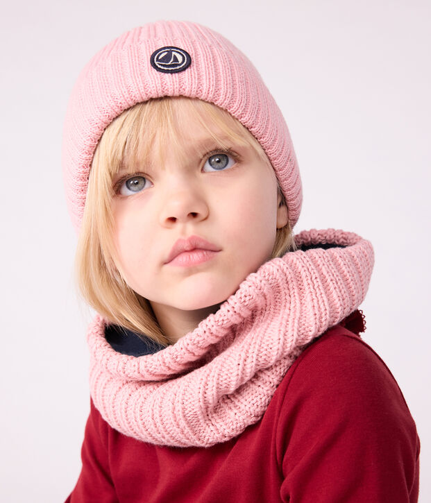 Cuffietta in maglia foderata in pile bambino rosa