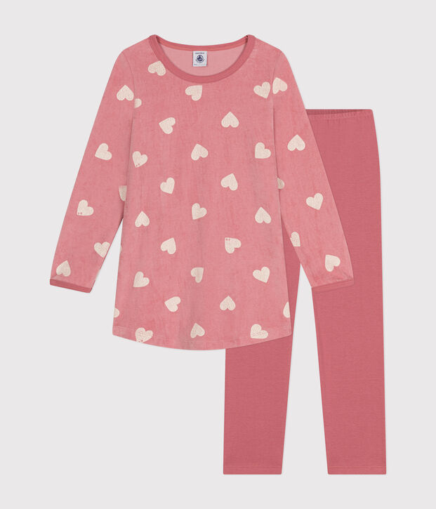 Camicia da notte bambino in velluto con stampa a cuori rosa/bianco