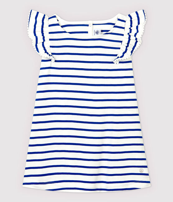 Abito manica corta in cotone bambina bianco MARSHMALLOW/blu SURF