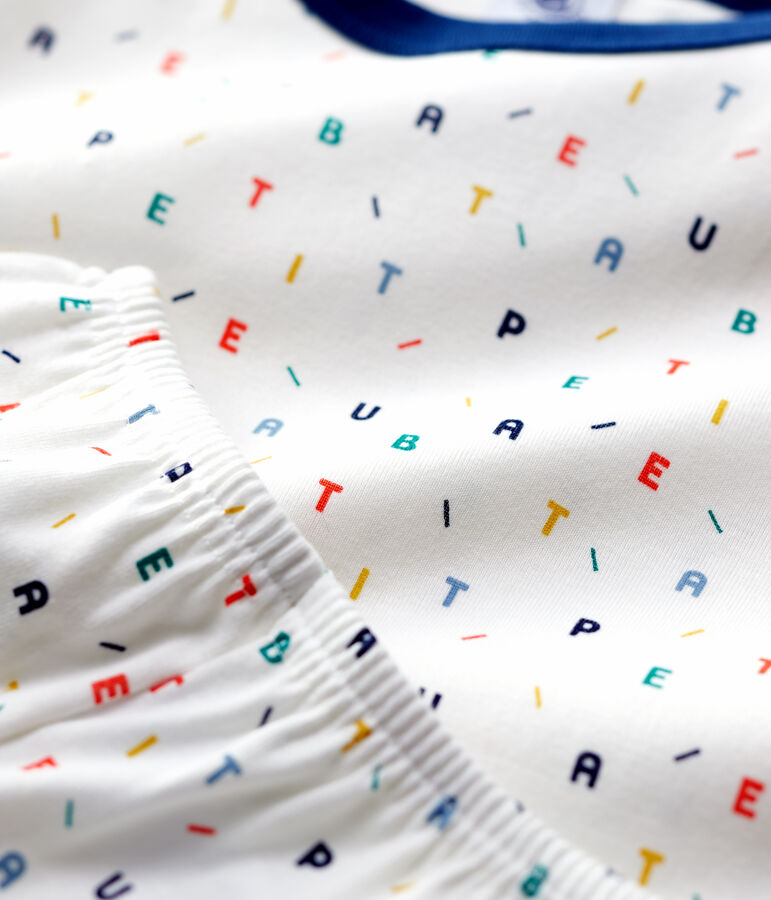 Pigiama bambino a maniche corte con lettere multicolori in cotone biologico bianco/multicolore