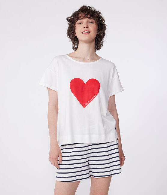 Pigiama corto in cotone con stampa a cuori donna bianco MARSHMALLOW/blu SMOKING