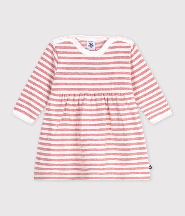 Abito a maniche lunghe in cotone a righe neonata rosa/ecru