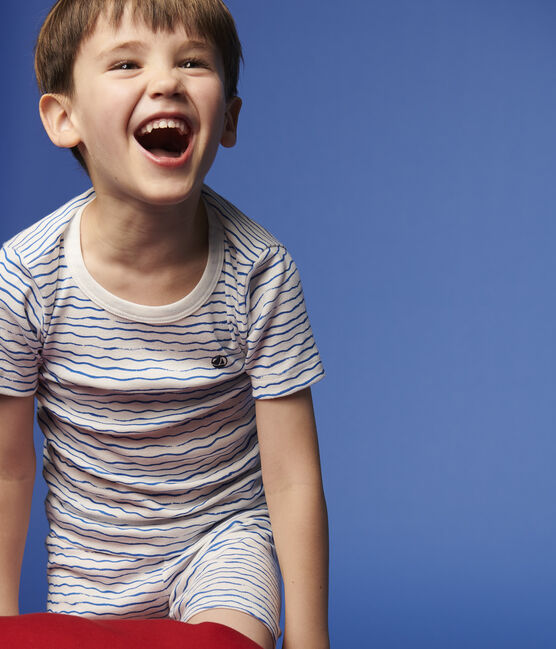 Pigiama corto snugfit fantasia onde bambino in cotone bianco MARSHMALLOW/blu COOL