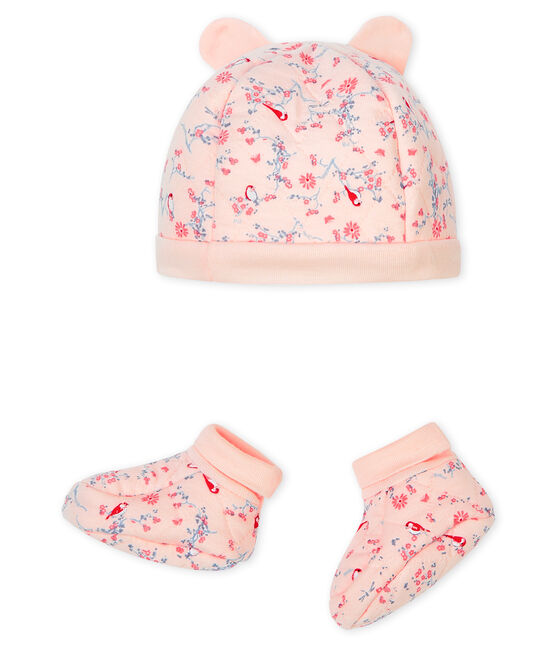 Confezione cuffietta e babbucce bebè in tubique rosa FLEUR/bianco MULTICO