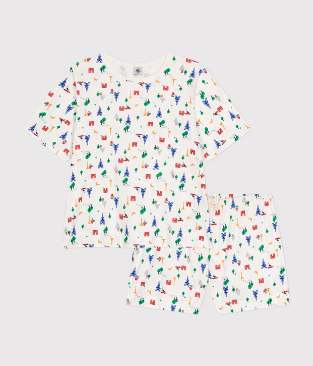 Pigiama donna con pantaloncini e t-shirt in cotone con motivo Parigi bianco/blu/multicolore