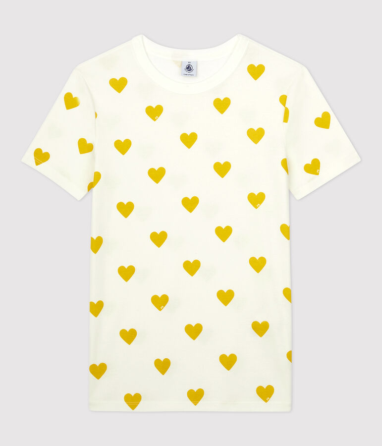 T-shirt girocollo a cuori in cotone Donna bianco MARSHMALLOW/giallo OCRE