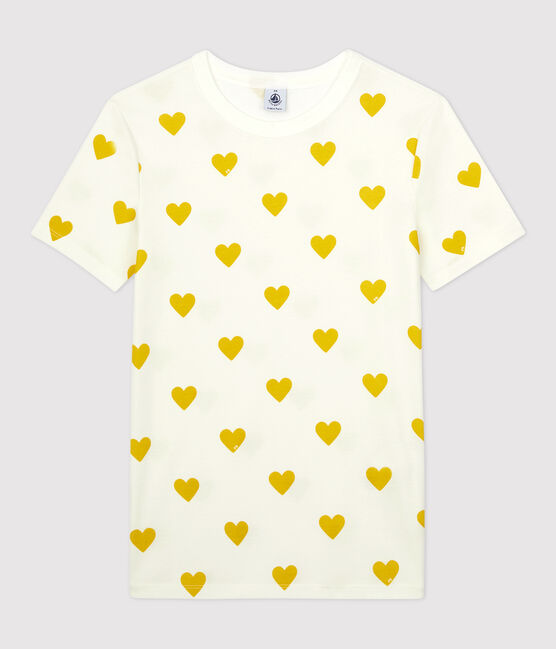 T-shirt girocollo a cuori in cotone Donna bianco MARSHMALLOW/giallo OCRE