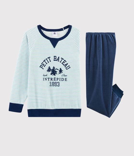 Pigiama motivo yeti in ciniglia bambino blu MEDIEVAL/bianco MULTICO