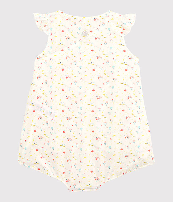Tuta corta a fiori bebè femmina ordito e trama in cotone biologico bianco MARSHMALLOW/bianco MULTICO