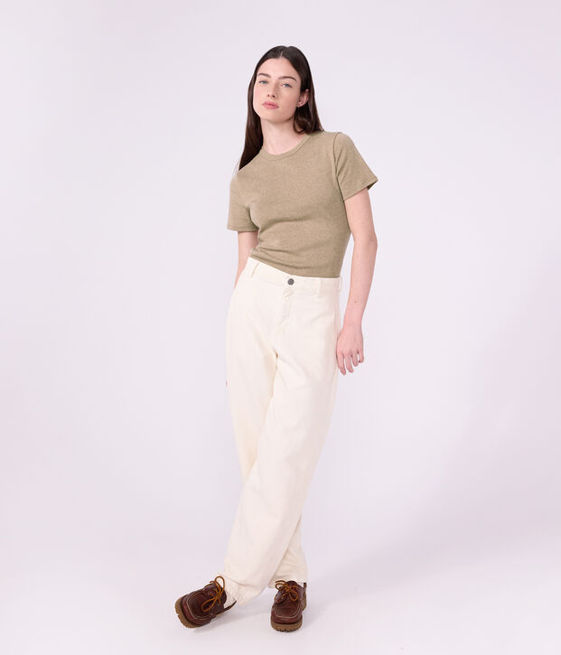 T-shirt a maniche corte in cotone tinta unita donna beige