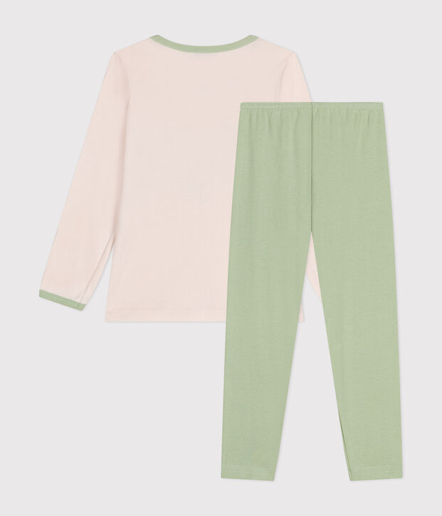 Pigiama bambina a maniche lunghe in cotone beige/verde
