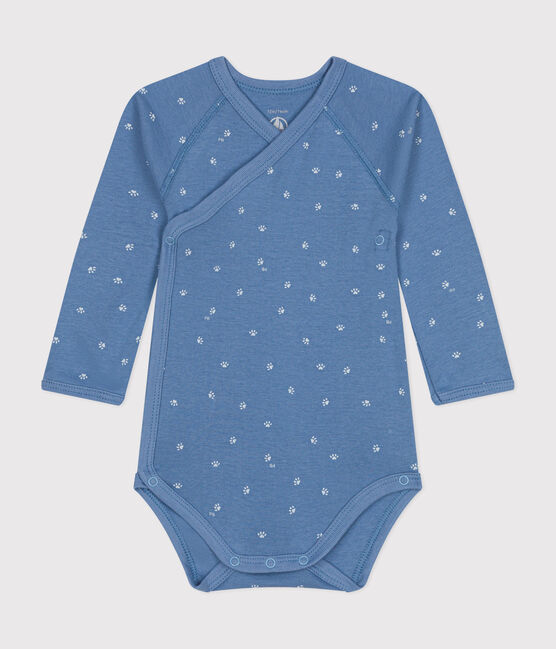 Body incrociato a maniche lunghe in cotone bebè blu BEACH/ MARSHMALLOW