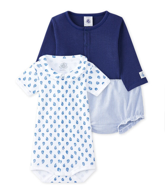 Coordinato 3 pezzi per bebé maschio blu CHALOUPE/bianco ECUME/ PERSE