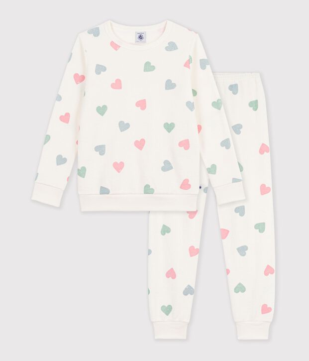 Pigiama in spugna di cotone a cuori bambina ecru/multicolore