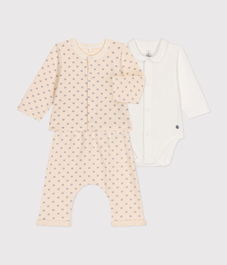 Completo 3 pezzi in tessuto felpato leggero beb&egrave; ecru/blu