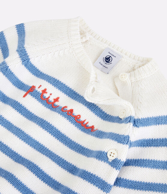 Completo 2 pezzi marinière bebè in maglia di lana e cotone bianco MARSHMALLOW/blu ALASKA