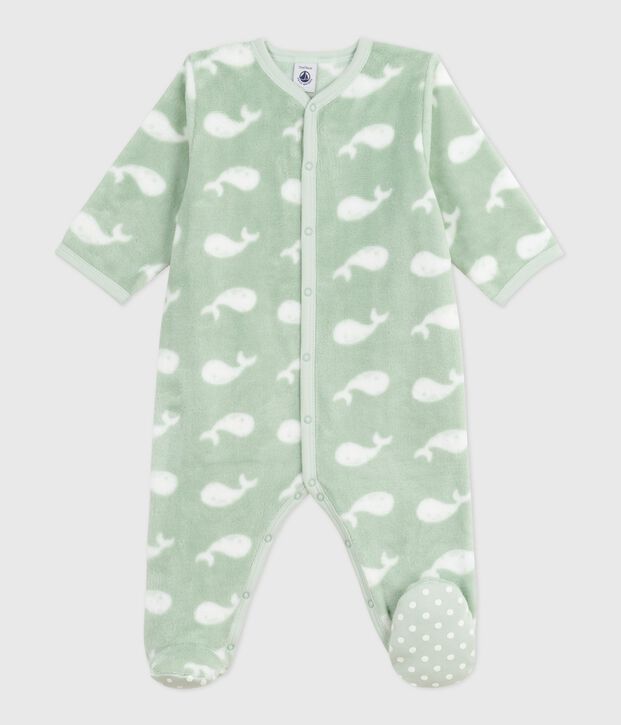 Tutina imbottita invernale in pile con balene stampate neonato verde/bianco